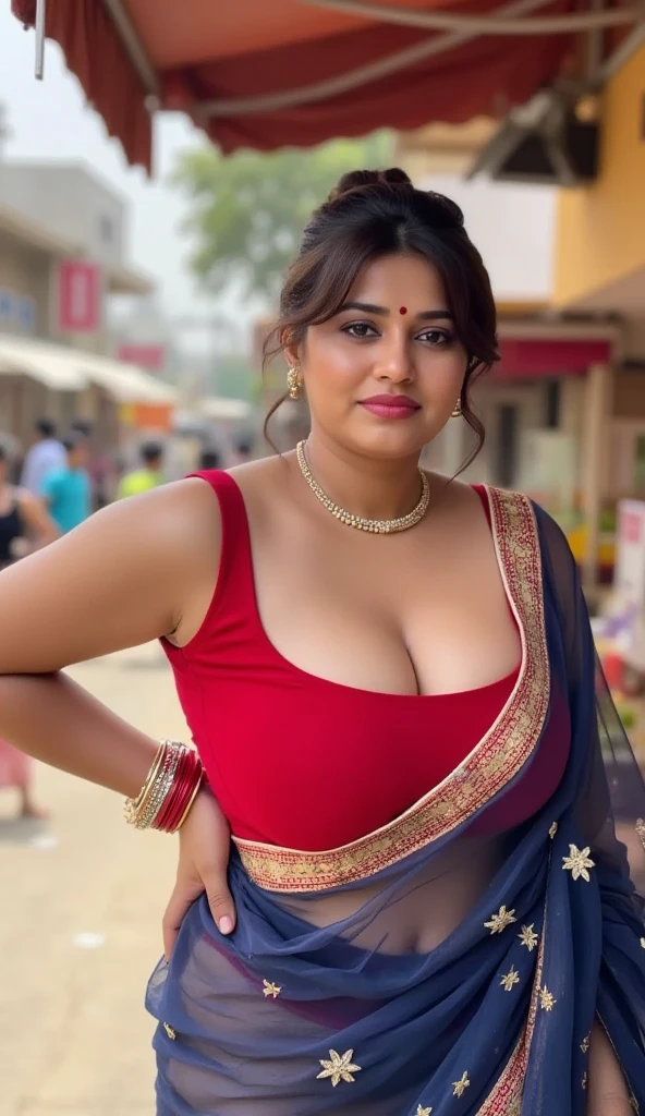 (((desi girl))), chubby face, natural skin, wearing hot deep neck top and dupatta, charming black hair, big breasts with bra ((hair ends are blonde)), city streets background, bokeh