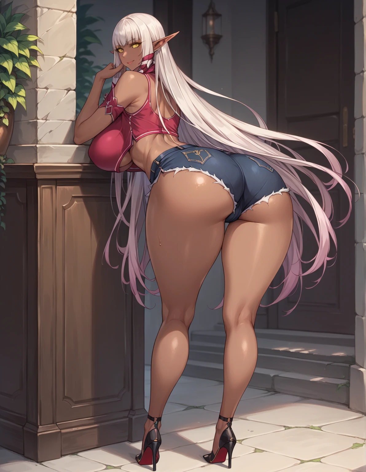 (1girl), red eyes, mature, mole onder eye,white hair, pigtails, long hair,, x ornament, big lips, pretty lips, ((gyaru)), gyaru hairstyle,good hips and long legs, hourglass shape, pretty face with arms and legs, 2 4 year old female model, sporty, photo of slim girl model, sexy, gyaru outfit, blue sexy, painted fingernails, big booty, booty,
