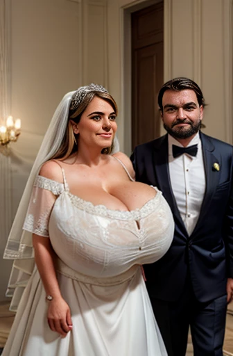 Hyperrealistic, Beautiful happy (couple), (2 people), 1 woman and 1 man, {young {european woman}, voluptuous, long wavy blonde hair, curvy body, hyperrealistic, ((transparent tulle dress)), (wedding dress) , (big breasts:1.1), visible breasts, large nipples, ((breasts bursting out)), (sexy smile)}. {{scandinavian type} man, 35 years old, masculine, bearded, large black beard, black hair, wide chest, {dark blue wedding suit}}. (DETAILED), (masterpiece), high quality, digitalart, (standing in the forest), detailed skin, ((extreme detail)),