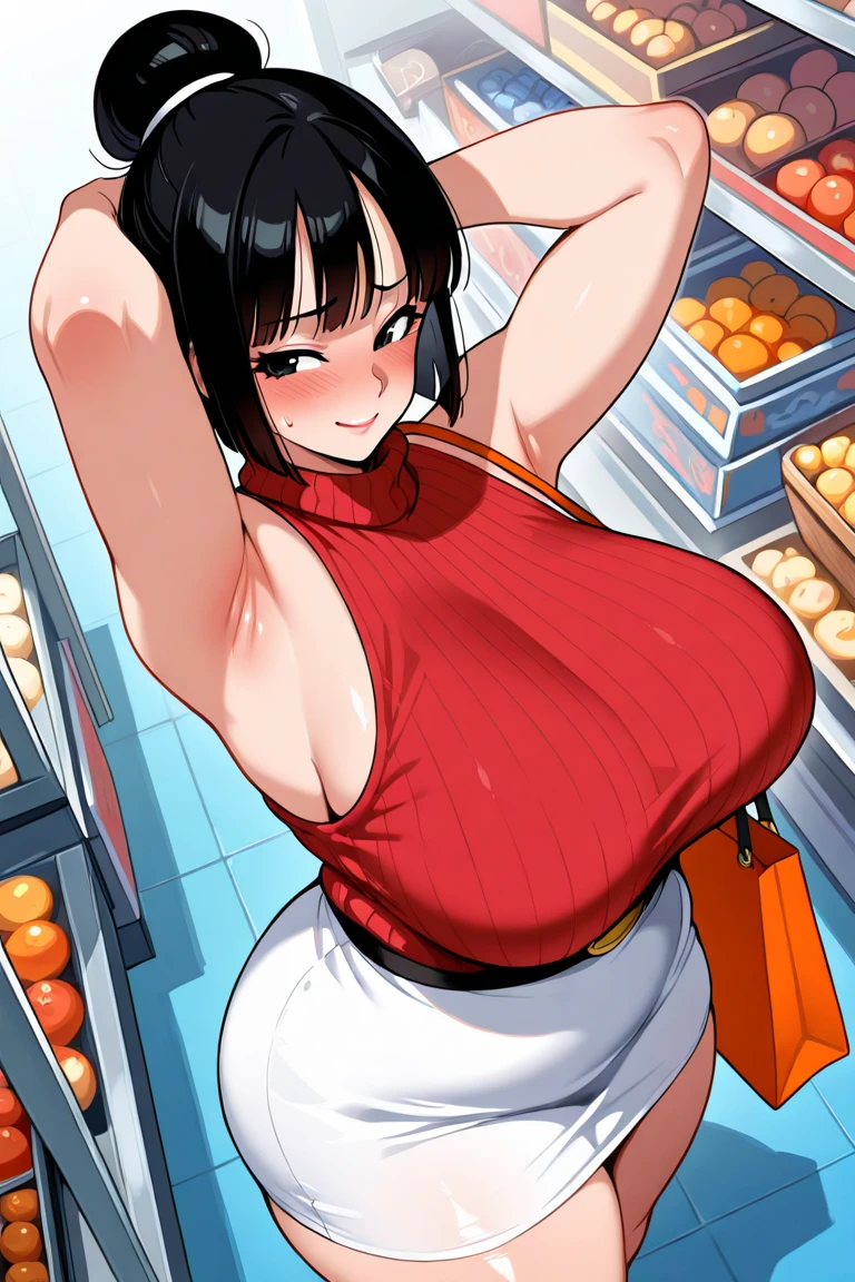 Black hair ponytail、yukata、Licking a candy apple、Light Blue Eyes、Big Breasts、stall、Long Tongue