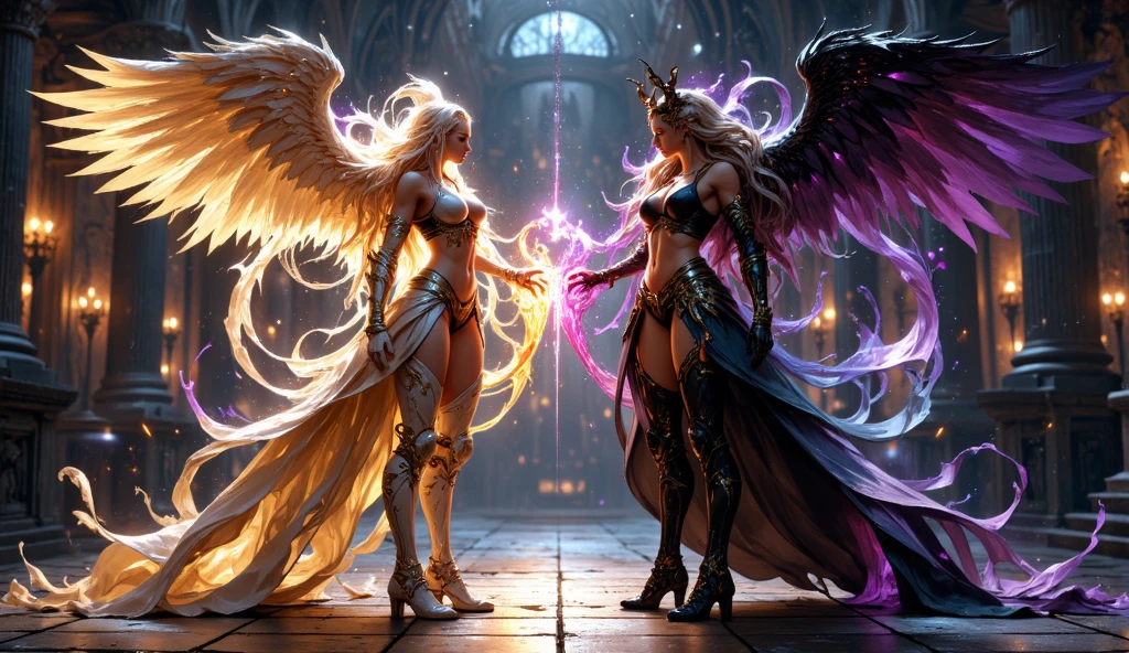 An incredible full shot of a female creature, Blonde, incredibly cute appearance with an infernally evil soul, in the style of good and evil, angel demon stripcore, white witchcraft, background brightness, fumingcore, hyper realistic and hyper detailed, breathtaking composition, hyper emotional, epic cinematic lighting, 8K UHD