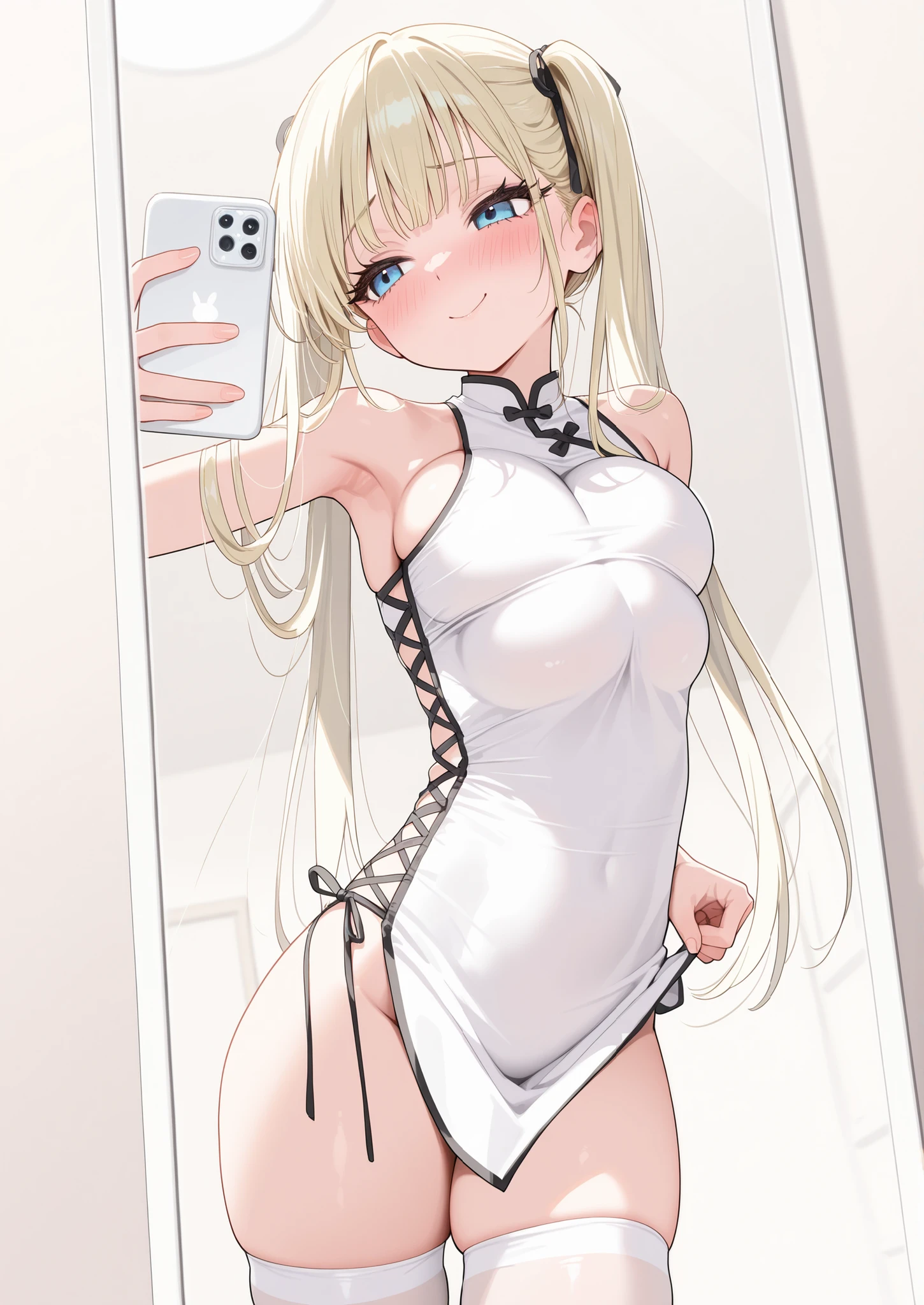 a woman in a lingerie taking a selfie with a cell phone, seductive anime girl, thicc, , (sfw) safe for work, blonde anime girl with long hair, beautiful alluring anime woman, marin kitagawa fanart, anime barbie in white stockings, anya from spy x family, realistic shaded perfect body, top rated on pixiv