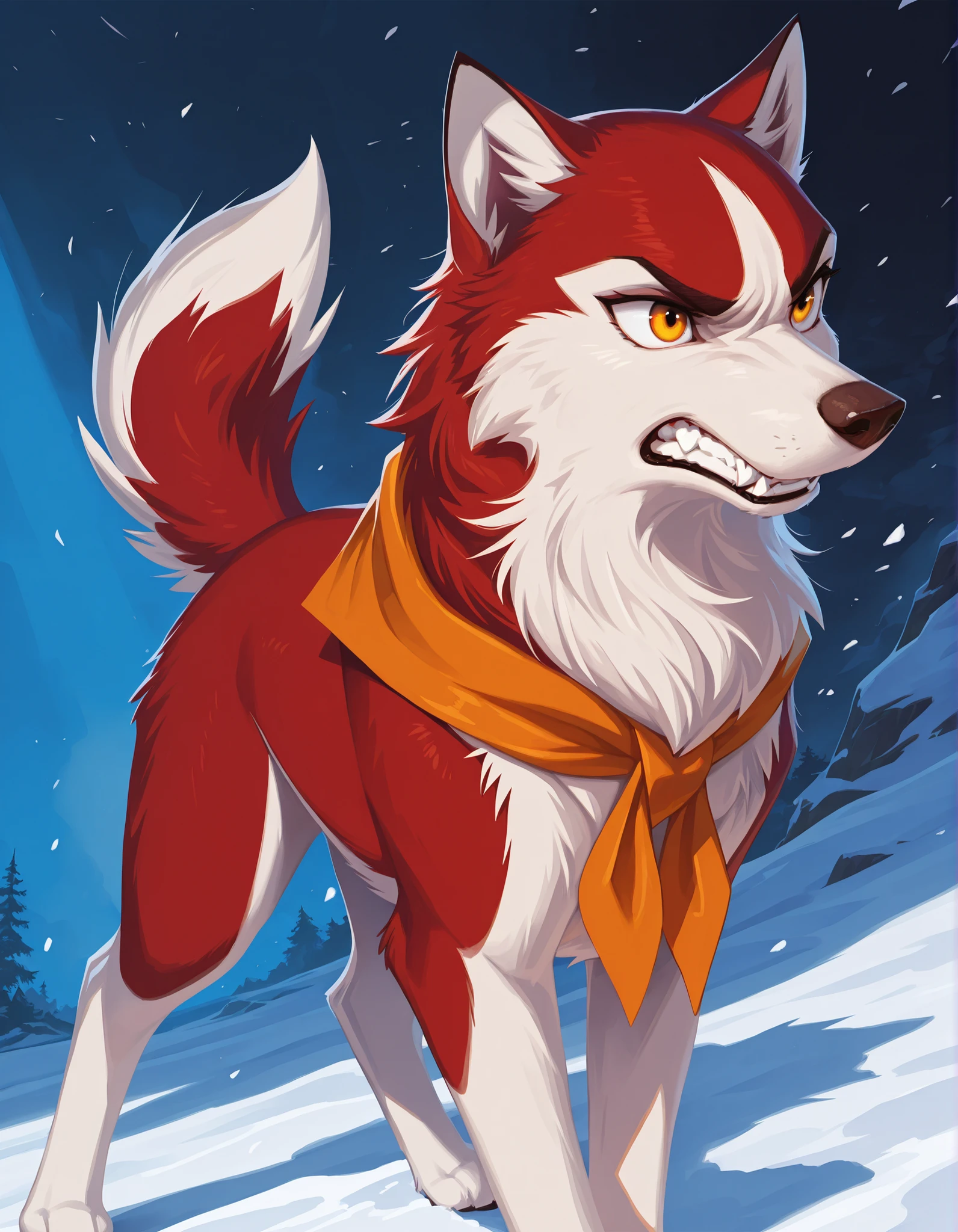 best quality, amazing quality, detailed, absurdres, photorealistic background, no lineart, very aesthetic, dynamic lighting, detailed face, detailed fur, detailed background,
canid, canine, mammal, angry, brown body, feral, fur, lowered tail, female, 1girl, jenna\(balto\), feral, two tone fur, red fur, canine, no humans, solo, amber eyes, neckerchief, simple background, solo, standing, teeth,
