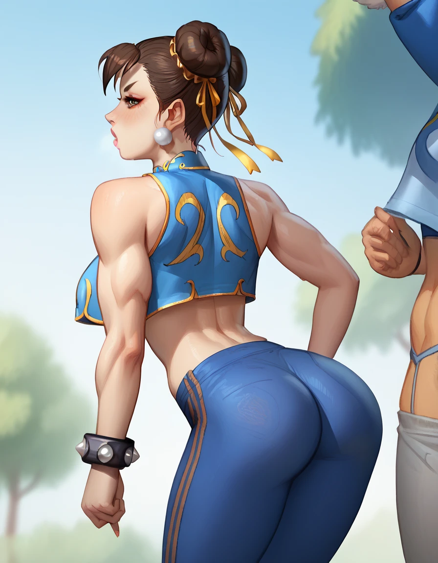 korra, dark skin, dark-skinned female, ponytail, muscular female, nsfw, high quality, detailed, high resolution, Natural Volumetric Lighting And Best Shadows, (Juicy Ass POV:1.1), Deep Depth Of Field, Sharp Focus, Portrait Of Korra, Korra, Soft Delicate Beautiful Attractive Face With Alluring blue Eyes, Lovely Medium Small Breasts, Thick Eyebrows, From Behind, Looking Back, Lustful Stare, Open Mouth, Windswept Disheveled dark brown Hair, Thick Layered Long ponytail Hairstyles, Blush Eyeshadow With Thick Eyelashes, looking at viewer, crossed arms, ponytail, hair tubes, sleeveless, bare shoulders, (nsfw)
