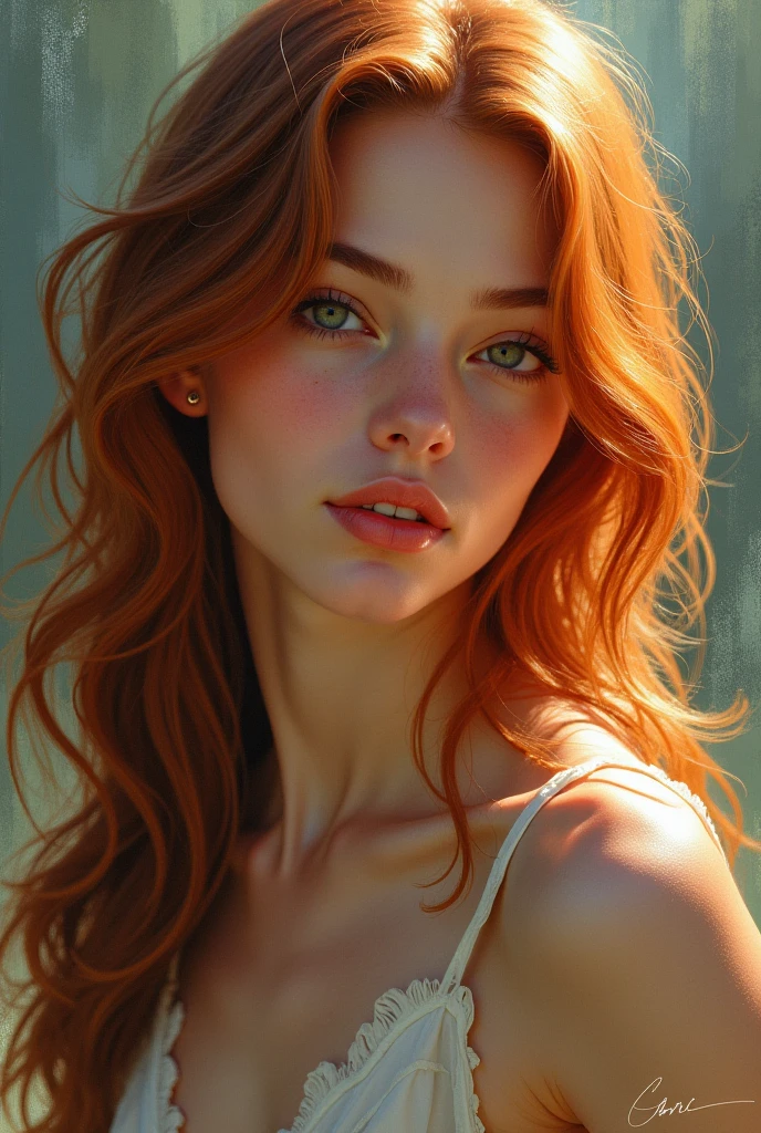 Imagine a woman, that attracts everyone&#39;attention at first sight. Your red, fiery hair falls in glossy waves over her shoulders and shines in the sunlight. Her face is covered in delicate freckles, which give it a charming and lively expression.

His eyes are bright green, like two emerald green gemstones, that provide deep insight into your soul. Her full lips are gently curved and invite you to smile., this is contagious.

Your body is a perfect curve of femininity. She is well formed, voluminous breasts emphasize your figure and give you a sensual charisma. Her flat stomach and narrow waist form a perfect contrast to her round body.., firm ass, that looks stunning in any outfit.

Its legs are long and well turned, with muscular thighs and thin calves, that make you look elegant and graceful. Your skin is soft and perfect, with a touch of pink, which underlines its naturalness. She is not wearing any clothes on her breasts, and her beautiful vagina is visible naked without panties 