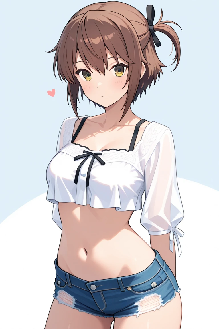 1girl, breasts, blush, short hair, shirt, 1boy, white background, shorts, solo focus, dark skin, holding hands, flying sweatdrops, spiked hair, genderswap, clothes writing, genderswap (mtf),red lips