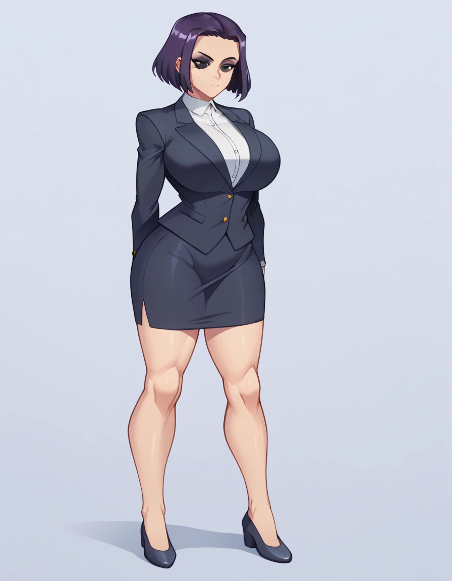 pale woman, short pixie cut purple hair, some hair on the back of her head, big earring, half lidded eyes, looking straight ahead, black eyeshadow, very massive huge breasts, very busty, small waist, wearing a very skin-tight white button up, tight black blazer, expressionless, wide hips, thick thighs, large thighs, long black pencil skirt, thick legs, wearing flats shoes, black footwear, full body shown, standing, roommate