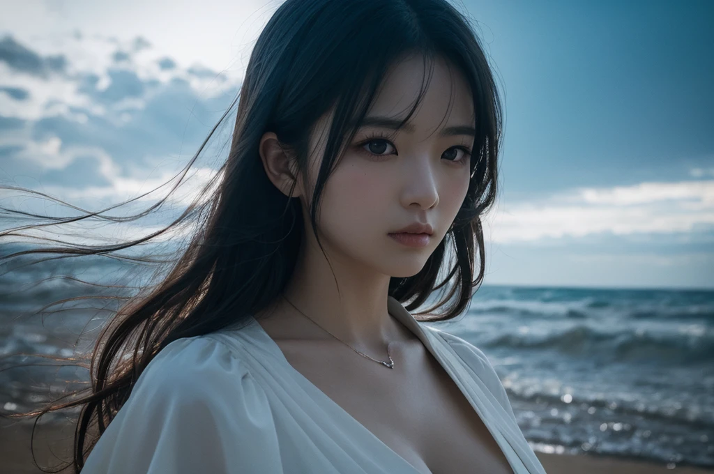 wide angle:1.5, (best quality, masterpiece, ultra-detailed),(8K wallpaper),(1girl, , cute, gal), break, (, serafuku:1.3), (cleavage:1.3) break, (at the sea:1.3), (invite, draw in:1.3), perfectly trimmed fingers, break, (Medium breasts, (red eyes), ultra-detailed brilliant Medium eyes, large pupil, (ultra-detailed black hair), semi-long hair, parted bangs), break, ((Intricate details)), eyes and faces with detailed, break, ((masterpiece, best quality, ultra detailed, detailed face, 8k))