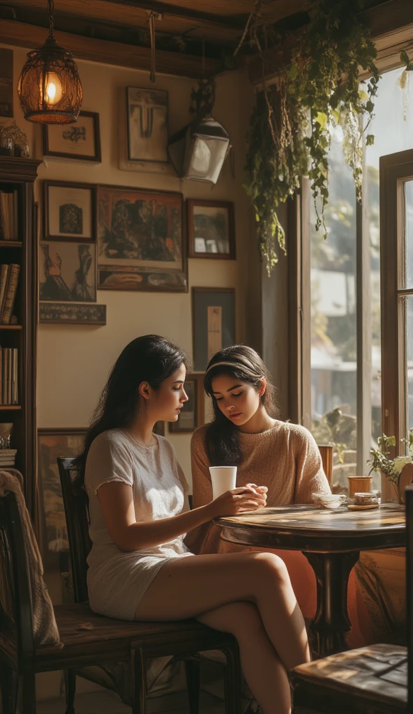 watercolor, A woman around 35 years old, with medium-length hair, wearing a t-shirt and jeans, no glasses.
She is sitting across from a 20-year-old woman with medium-length hair, wearing a long dress, wear Glasses. They are at a Chinese congee shop, each eating a bowl of congee, and engaged in a deep conversation.