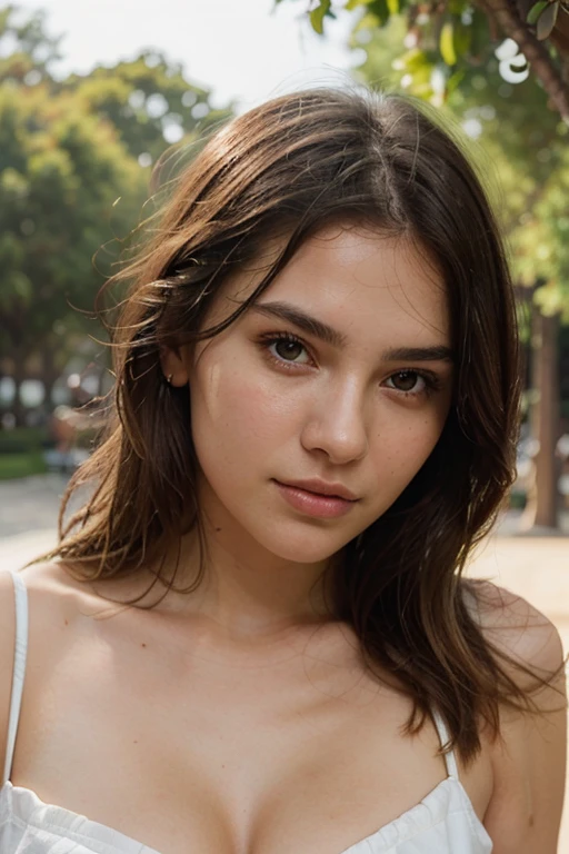 1 mulher, para cima do rosto, mamas do miolo, cabelos castanhos claros, franja contundente, hair behind ear, cabelo sobre o ombro, cabelos longos, forma do corpo esbelta, Rosto Ultra Fino, rosto fino, delicate lips, Olhos bonitos, blush fino, eyes are light brown, pele brilhante perfeita, flawless skin, suor cintilante,Veja aqui, Ultra-thin hands, Dedos ultrafinos, best ratio four finger and one thumb, (realisitic:1.3), Blusa branca transparente. an amusement park, Ponto de vista de uma pessoa, Fuji Filme, F/1.2, 8k, masutepiece, NFFSW, Super Detalhe, alta qualidade, melhor qualidade, alta resolução