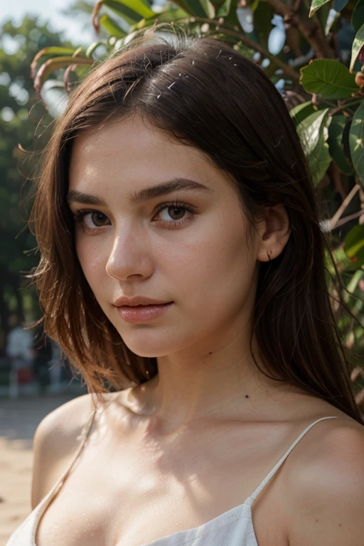 Realistic photo portrait of a (24-year-old (Italian) girl with long curly hair (brown with blonde strands) and striking (green) eyes.

It should have a natural and approachable expression and be illuminated by the soft sunlight of a golden hour. The background should be an outdoor panoramic setting, perhaps a sunny park or a beach. Capture this image with a high-resolution photograph using an 85 mm lens for a flattering perspective.)