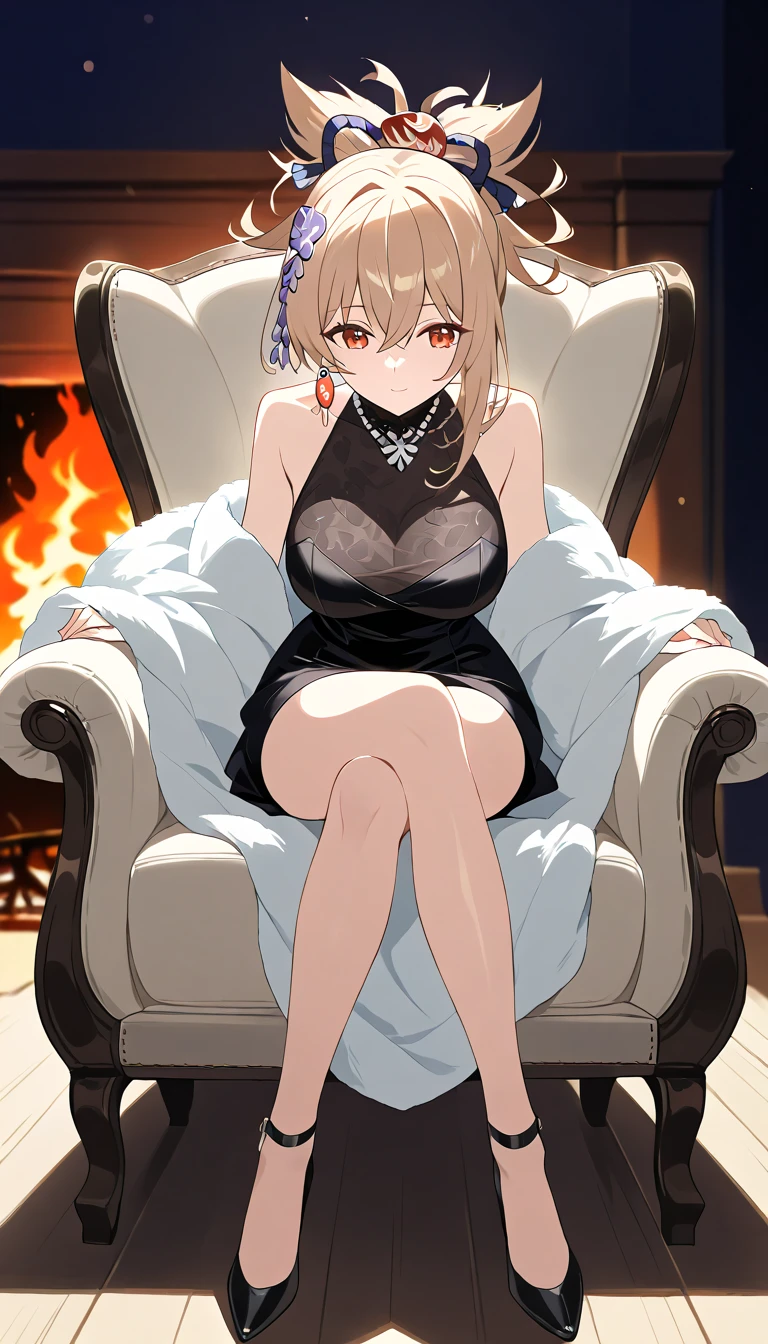 Cool beauty，Looks sweet，updo blonde and pink hairstyle, (wearing furry red cloak, off-shoulders), show clavage, show big thigh, huge breast, full body photo, sitting on the sofa. Dark background, in a romantic room