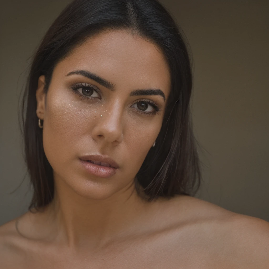 RAW photo,dark,moody,35mm focal lenght,underexposed,cold,candid photograph,artistic,full body,photo of a beautiful,influencer,30yo Iranian woman,detailed skin,naked, looking away from viewer, thick body structure,grey background,no background, candid pose,dim room,blue light, film grain, kodak color, instagram LUT
