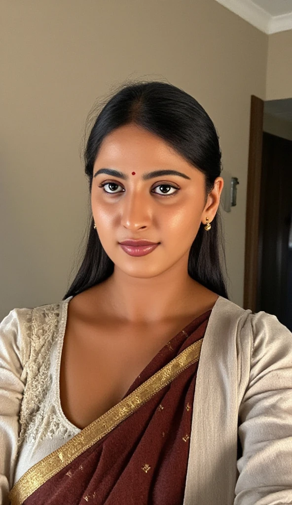 1girl in, age 29, Solo, Long hair, Colossal , Looking at Viewer, form front blondehair and black, Bare shoulders, Brown eyes, jewely, Full body, a necklace, off shoulders, Sweaters, Realistic, A sexy Indian bhabhi ,with big boob,real