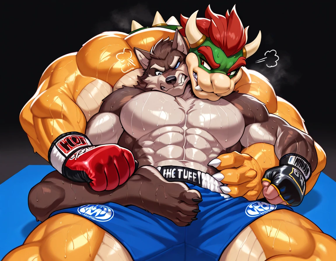 Two male fighters(Bowser vs Bowser, handsomes, perfect eyes, Thick eyebrows), gay(kneeling, holding from behind and his neck, on a MMA match), hot(Both are Shirtless, full body, bulges), handsomes(They are handsomes, correct anatomy), musculosos(Big muscle bodies, Six packs, muscle abs, big pecs, muscle backs), sweaty(very sweaty wet bodies, shiny sweat), tatuajes(they have tattoos), Angry(They have an angry expression),MMA gloves(They both are wearing red MMA gloves), MMA boxers(both are wearing Black boxers), Hight resolution