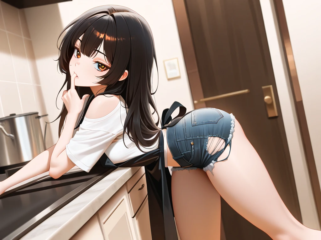 NFSW, The woman is wearing a black and white maid outfit and her pussy is being touched from behind over her panties., bteman on panties, (Fingering:1.3),Fingering from behind  on panties, Pussy juice、alone, panties, underwear, skirt, (blue satin panties:1.3)、, (Blue Satin Bra:1.3)、、(横紐レースpanties that cover the butt:1.1), garter belt, Garter string, Knee socks, skirt lift, Lift up your shirt, Showing off your bra, Embarrassed look, Looking Back, kitchen、In the middle of cooking、Having a ladle、kitchen、In the middle of a meal