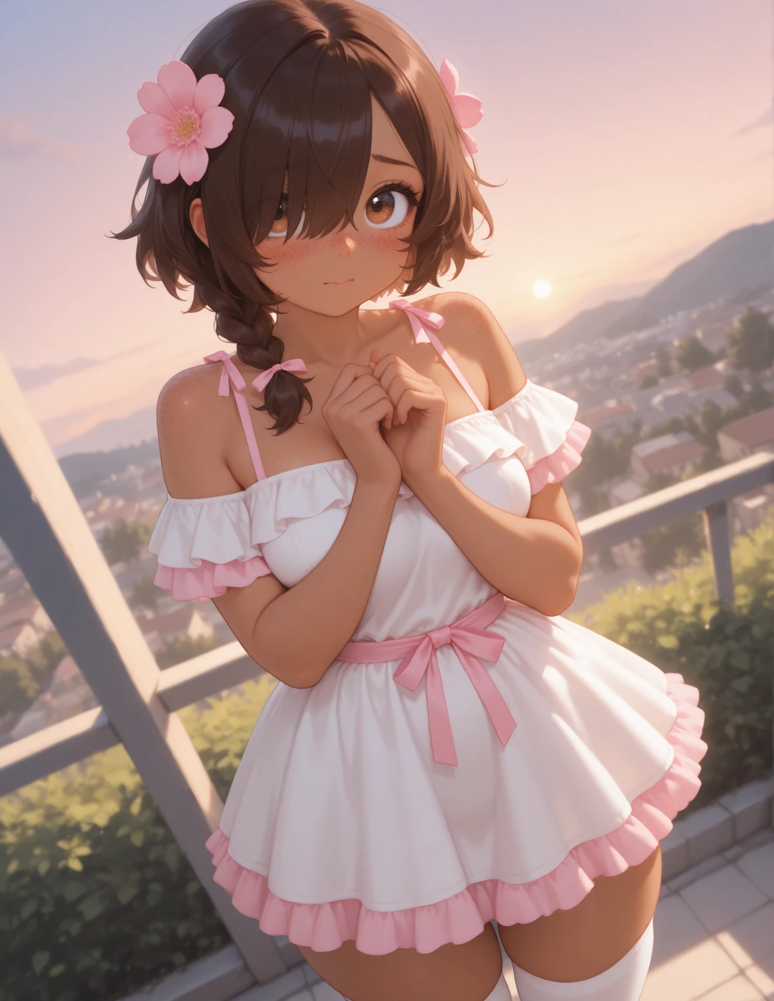 Ochako Uraraka, balcony bra decorated flowers, medium breasts, bonded thong decorated flowers, perfect legs, perfect body. standing. bedroom, sunrise