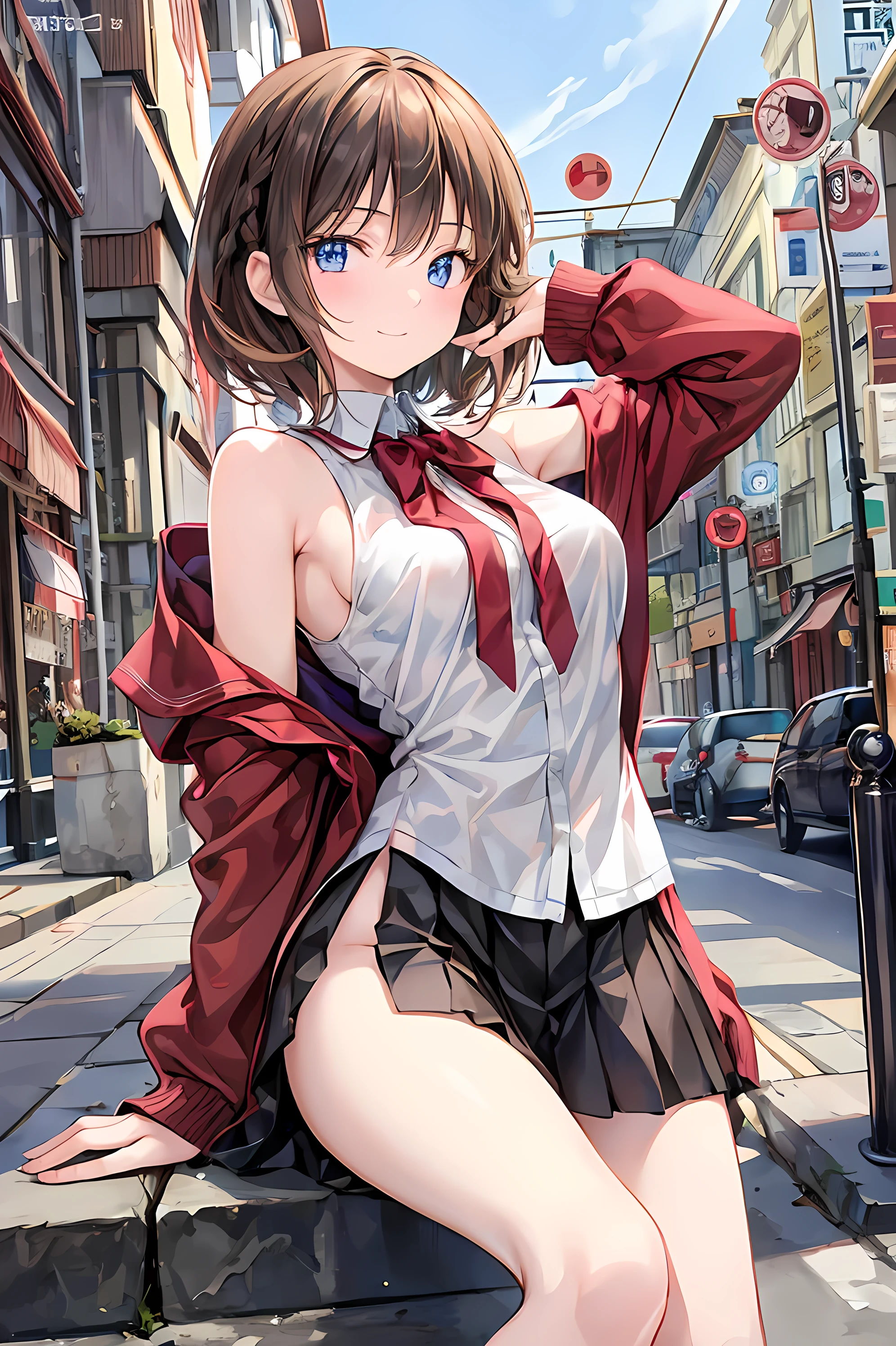 (Perfect body),Best Quality,16 K、((((Short stature))))、((((Lori))))、(white shirt)、(Red mini skirt)、(White panty)、(((blush)))、(((:o)))、(((embarrassed from)))、((((Surprised))))、(I have my mouth wide open)、Blunt bangs、(short-hair)、(((bob cuts))),(Sweat)、((red scarf))、((Big ass))、(((huge-breasted)))、(((thick thighs)))、Armpits、In the street、((Angle from below、Skirt twisted by the wind))