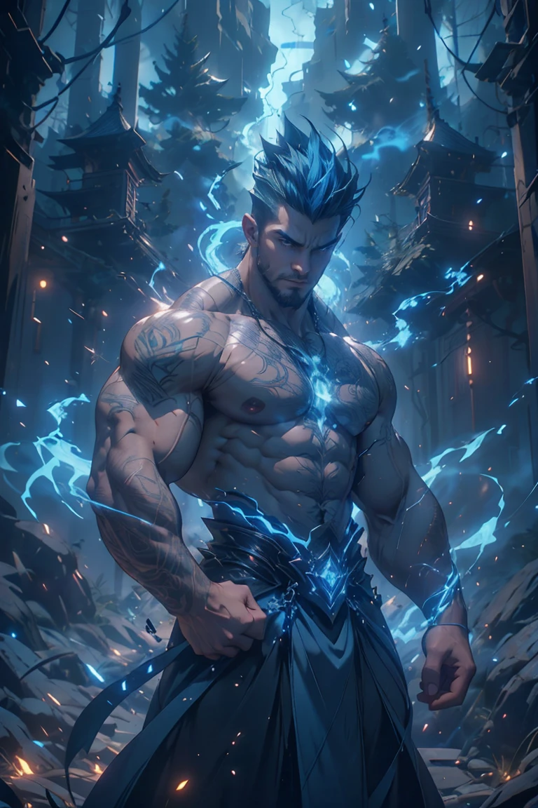 A strong, muscular man with blonde hair and intensely blue eyes, wearing blue and silver clothes. He is young and handsome, with an imposing, well-defined body. In combat, he uses water and ice magic, with waves and currents of water enveloping the entire scene, creating a refreshing and powerful atmosphere. He manipulates the water with elegant and precise gestures, his eyes glowing with a cold, icy blue intensity, showcasing his absolute control over the element. The background is a dynamic display of water, partially disturbed by his magic. The image is rendered in a photorealistic, hyper-realistic 8k style, with studio lighting. His combat pose is fluid and imposing, with the image being grand and cinematic, featuring vibrant colors, stunning HDR, and lighting that highlights the texture of the water and the sparkle of the ice.
