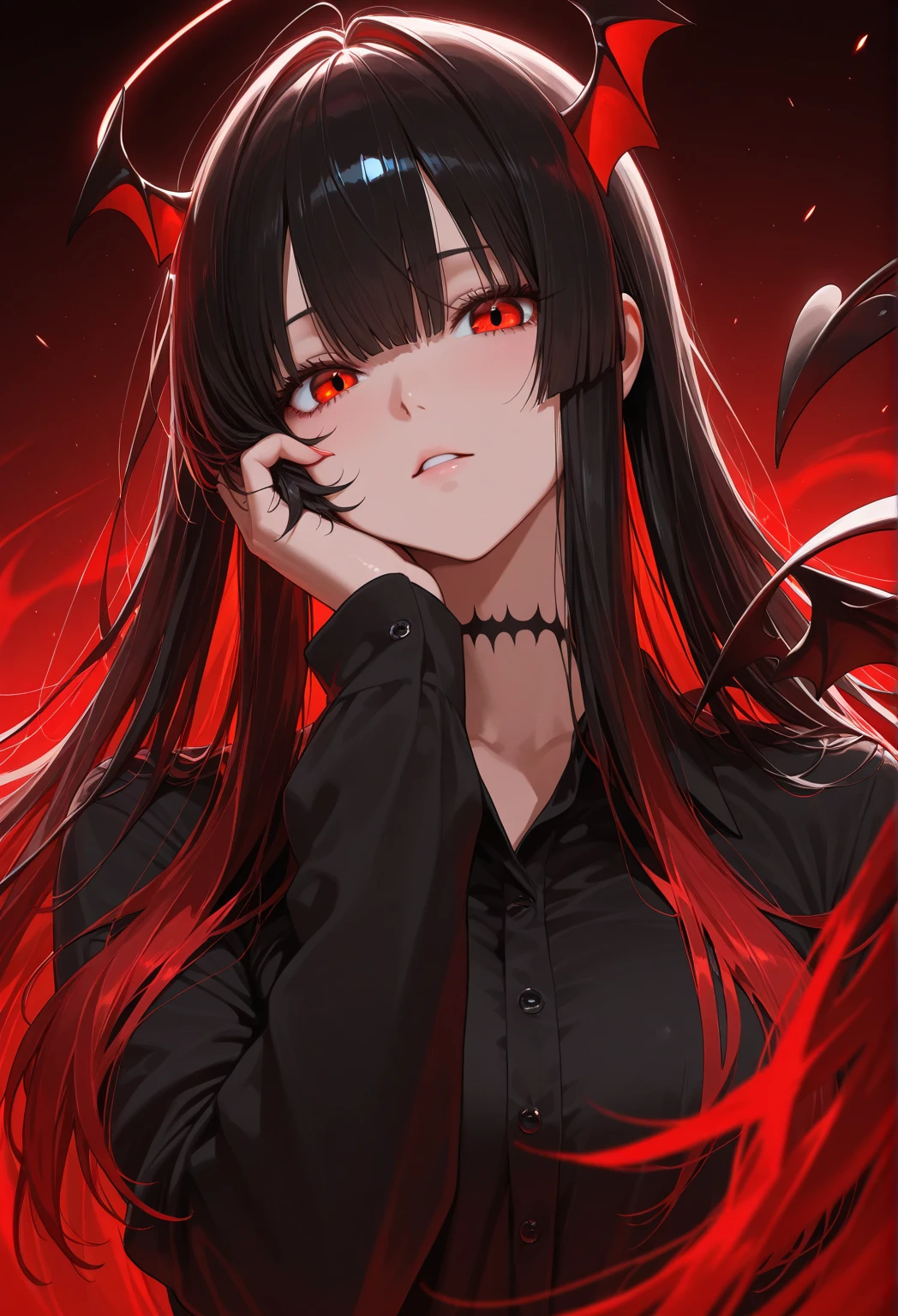 A beautiful girl with long black hair and red eyes, red lips, in a black divine robe, looks at the corpses, and black shadow silhouettes with red eyes stand next to her