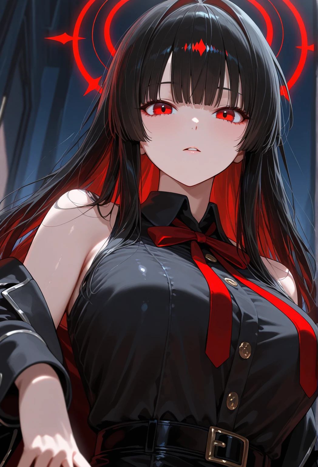garota, 18 anos, black hair, pale skinned, franja no cabelo, look of determination and revenge, sombras ao redor, vestido red justo, sangue no rosto, ( master part, melhor qualidade)