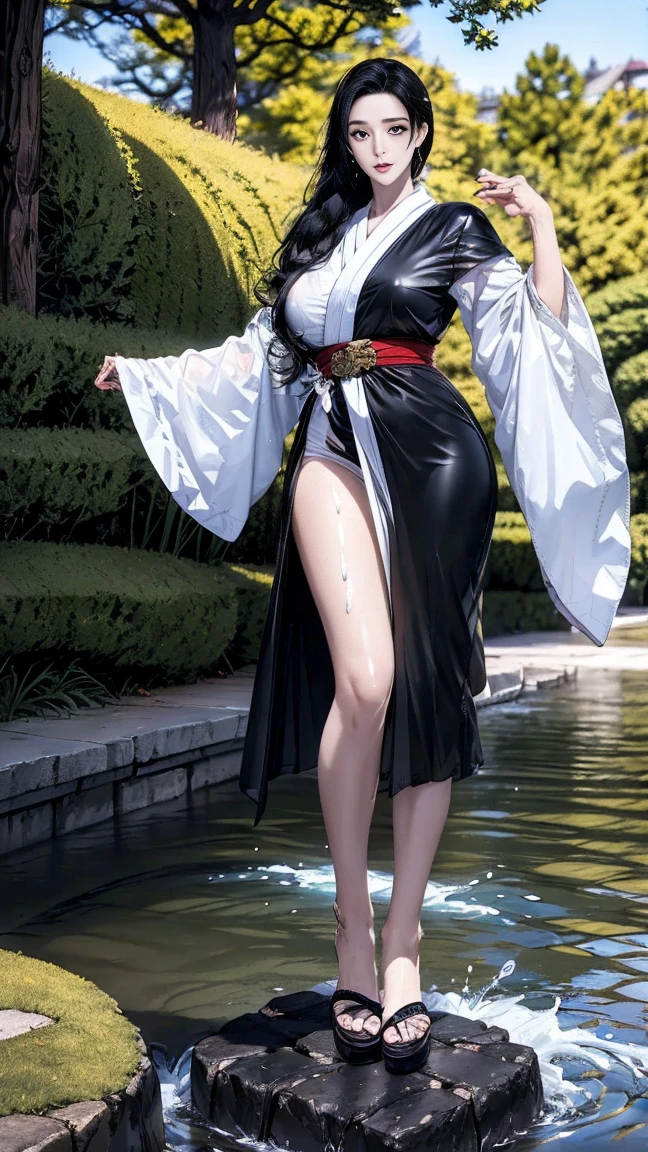 a person with long hair, red kimono, boa hancock, boa hancock from anime one piece, as an anime character, perfect anime face, she has black hair with bangs, female anime character, anime character, anime best girl, hime cut hairstyle, black hair, (red glossy lips:1.3), blue eyes, smile, sea background, (beautiful face:1.3), full body pose
