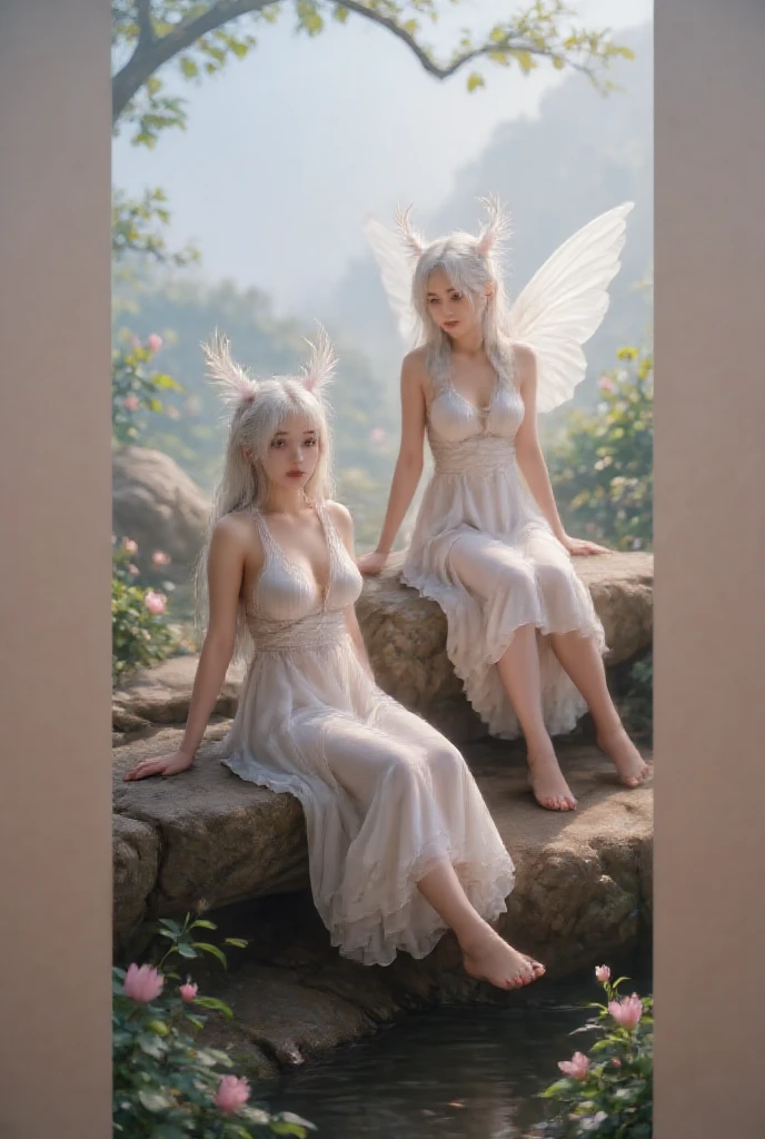 Best Quality, Masterpiece, Ultra High Resolution, (Realisticity: 1.4), Original Photo, (2girls), Duo, Cinematic Lighting, Greek Style Square, Sunlight, Tyndall Effect, Elf Maiden and Elf Queen, 12 & 28 Years Old, Silver Crown, Elf Long Ears, Silver Gradient Hair, Ice Blue Eyes, Big Cute Eyes, Extreme Light and Shadow, White Long Dress,