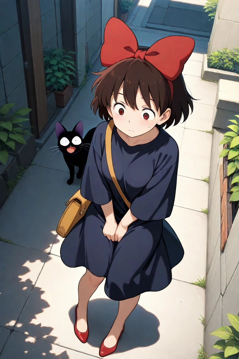 (masterpiece, best quality;1.3),ultra detailed,1girl,solo,feenagrandia,looking at viewer,smile,white panties,
kiki,black robe,red hair bow,blue sky,black cat,jiji,