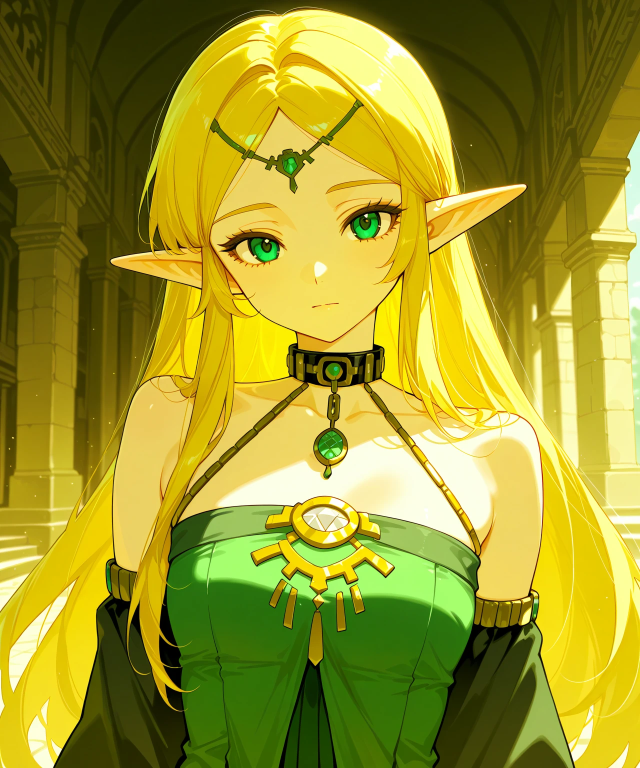 ((Highest quality)), ((masterpiece)), (detailed), (Perfect Face)、The woman is Tearju, with green eyes, medium-long blonde hair, and is wearing the costume of Princess Zelda of Hyrule.