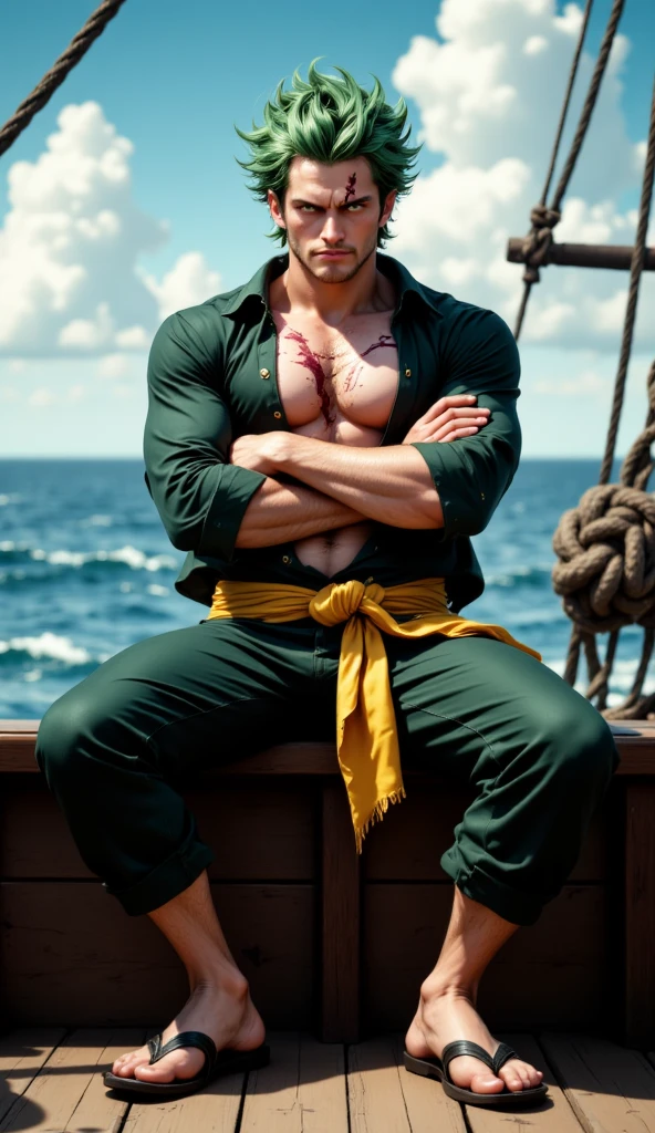 (obra-prima, melhor qualidade: 1.2), Tiroteio de Cowboy, sozinho, Foco masculino, 1st grade, Roronoa Zoro, cicatriz, homem musculoso, sorrir, olhando para o espectador, (empunhadura dupla: 1.2) Katanas, folded arms, roupas japonesas, quimono verde (((master part+best quality+high resolution+ultra-detalhado))), Zoro\(one piece\), nariz alto, olhos afiados, olhos perfeitos, noble and inviolable temperament, (([masculino]: 1.2 + [majo]: 1.2 + cabelo verde: 1.2)), fundo de navio pirata, (one piece), Roronoa Zoro, cabelo verde cortado, Tiroteio de Cowboy, cicatriz no olho, musculoso masculino, (empunhadura dupla:1.2), Katanas, folded arms, roupas japonesas, quimono verde, Dynamic angle and posture.
Nome: Roronoa Zoro Idade: 21 anos Altura: 1,Peso 81m: 78kg Origem: azul leste, Physical description: Zoro is a skilled swordsman with a distinctive appearance. He has messy green hair and three scars on his left eye, resultado de seu treinamento rigoroso. His athleticism and defined muscles reflect his strength and physical prowess. He is usually seen wearing an open shirt and green pants, in addition to carrying his three swords on his back. Personalidade: Zoro is known for his serious and determined nature. He is highly loyal to his friends and is willing to risk his life to protect them. Sua busca incessante para se tornar o espadachim mais forte do mundo muitas vezes o leva a treinos intensos e a desafiar poderosos oponentes. Despite its intimidating appearance, Zoro has a dry sense of humor and often engages in funny moments with his teammates.