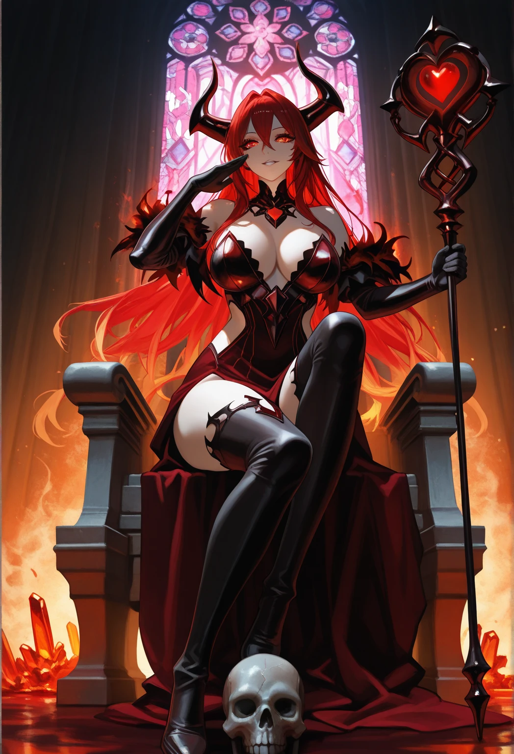 Sitting on throne, dominant female, adul female, (((big boobs))), (((big ass))), (looking down into camera, photo from below), topless, ((masterpiece)),(detailed skin), (red eyes), (red hair), (small horns), ((dominant smile))