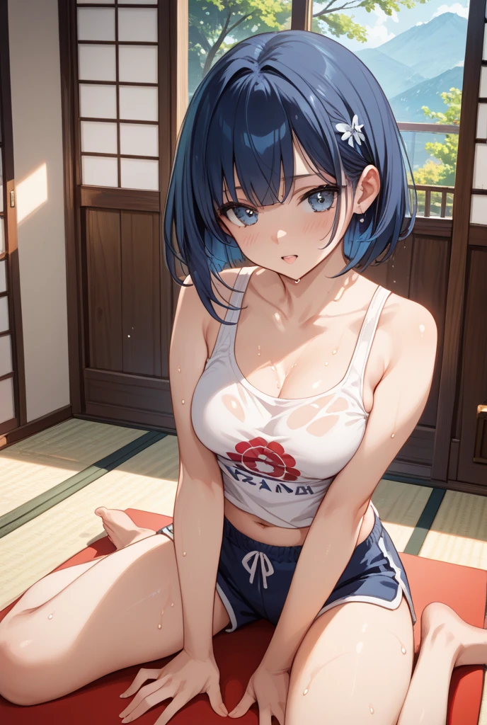 ((unity 8k wallpaper ,Top quality, masterpiece, high resolution, sitting on the ground, blushing, very delicate and beautiful, unbottoned shirt, cleveage, white bra showing, anime style))((seductive smile)),1girl,full body,looking at viewer,from above,classroom,sunlight,clear sky,20years old,big round breasts, blue short hair, blue eyes