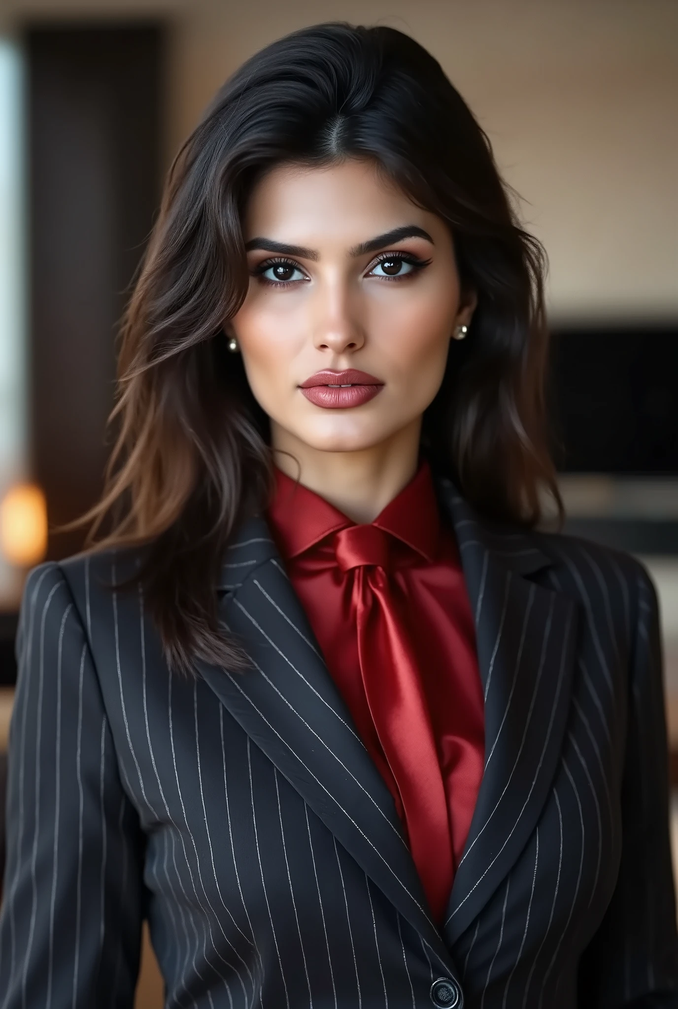 gorgeous woman, (((portrait photo))), (absurdres, highres, ultra detailed), masterpiece, perfect eyes, 1girl, skirt suit, leather business suit, ((three-piece suit)), black pinstripe suit, ((waistcoat)), red satin shirt, red necktie, bodycon skirt, miniskirt, closed mouth, standing, (((detailed lips))), ((realistic skin)), glowing skin, light makeup, portrait, beautiful, (luxary corner office background:1.2)
