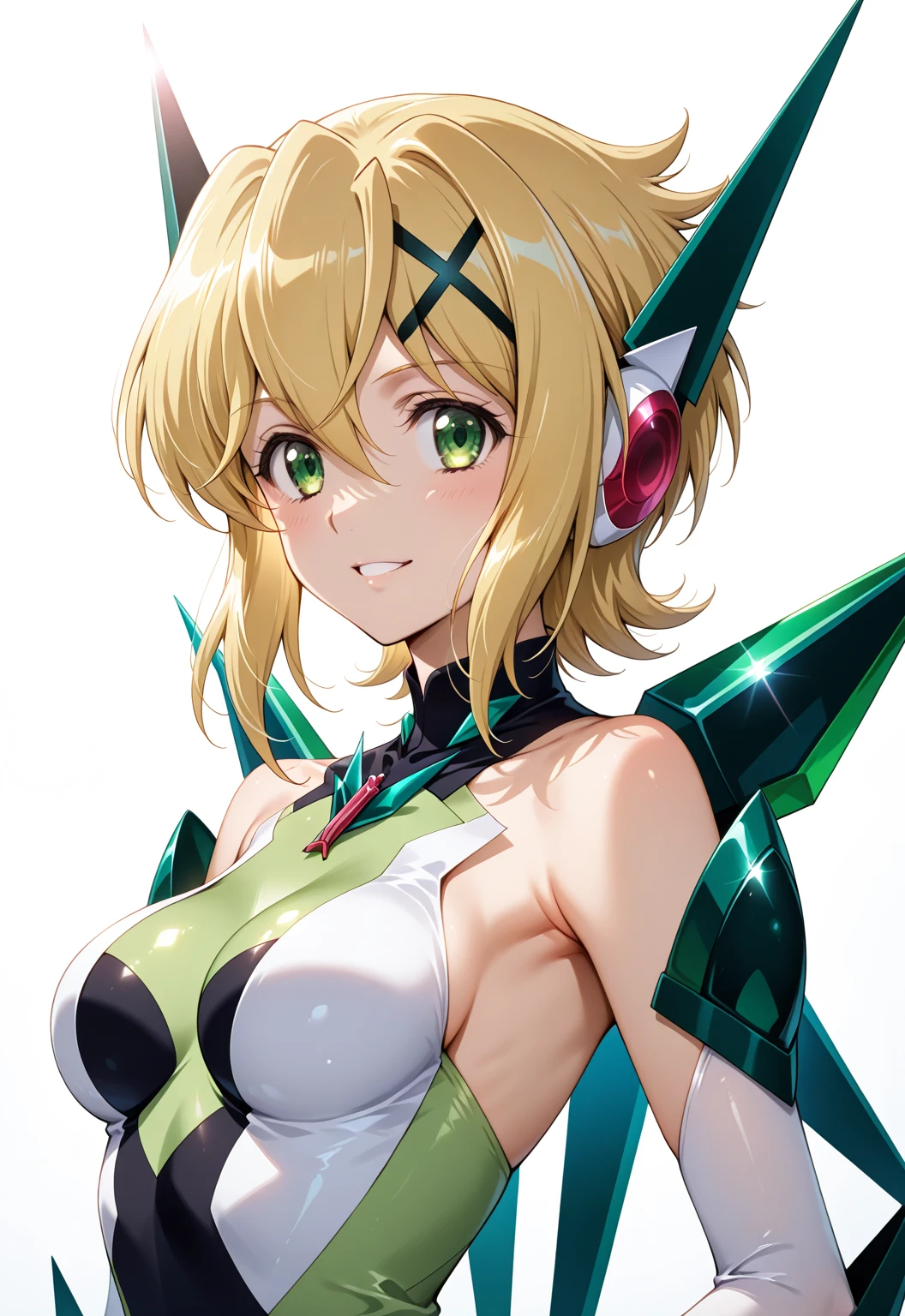 (Overhead view),dynamic angle,ultra-detailed, illustration, close-up, straight on, 1girl, 
 ((kirika akatsuki, interface headset, symphogear bodysuit:1.4, blonde hair, green eyes)),Her eyes shone like dreamy stars,(glowing eyes:1.233),(beautiful and detailed eyes:1.1),(expressionless,closed mouth),(standing), 
(mechanic room with toolsand spaceship windowin a white SPACESHIP),
(night:1.2),dreamy, [[delicate fingers and hands:0.55]::0.85],(detail fingers),