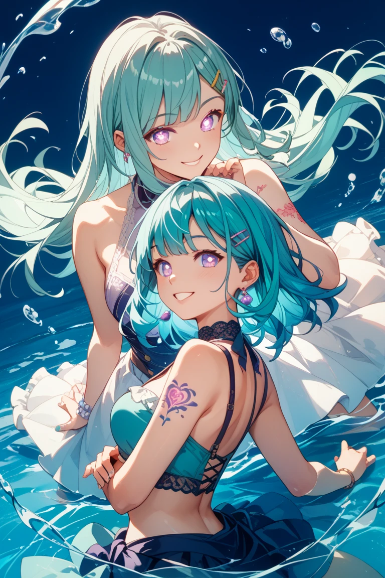 anime、Vibrant colors、In the water、Uplifting、Two beautiful women swimming in the ocean at 100km per hour、Two people facing each other、20 years old、Bright swimsuit、Bright eyes、Sparkling eyes、Large Breasts、An innocent smile、100 vibrant tropical fish、1000 glittering particles、100 butterflies swimming in the water