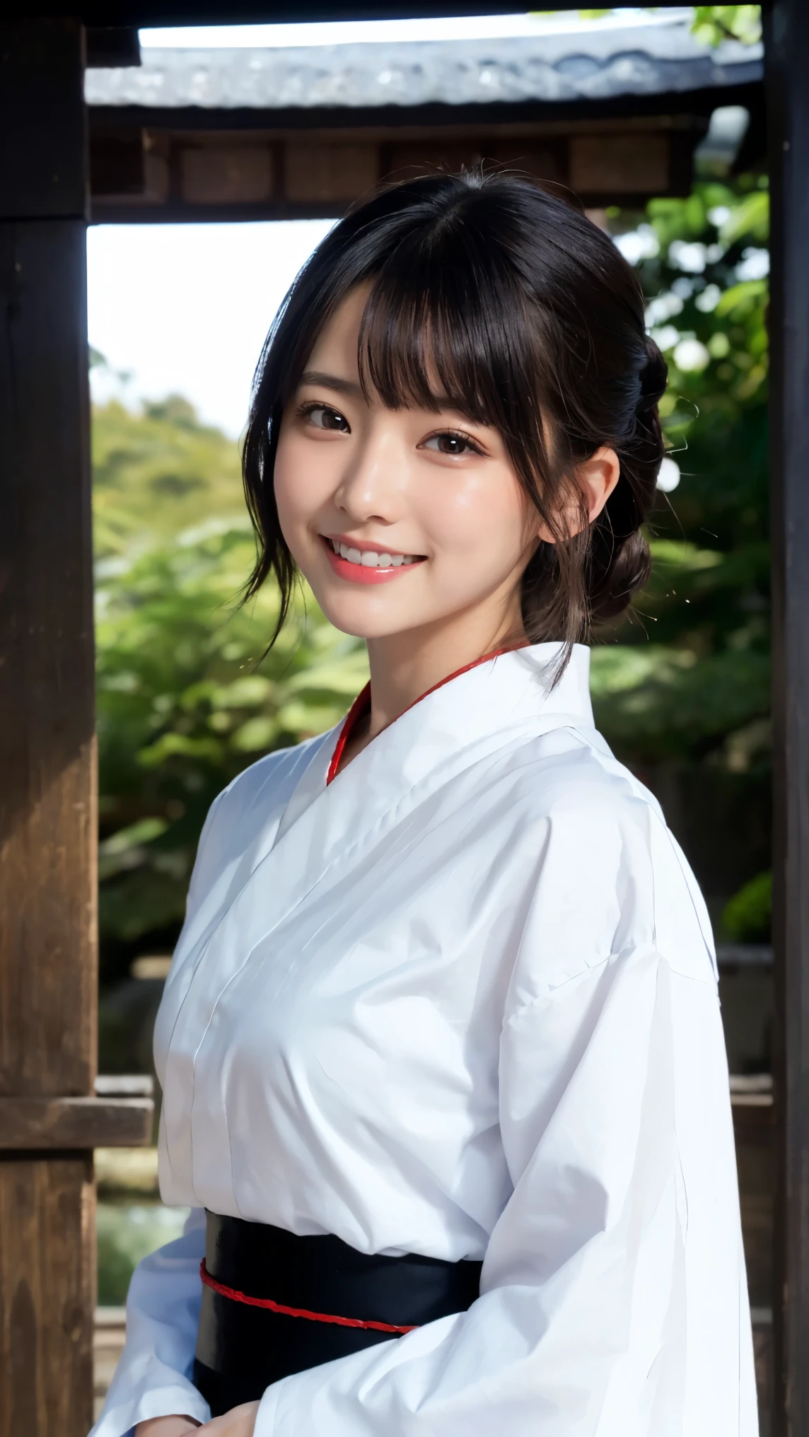 Japanese おばあちゃん, (8K, top quality, high definition, the best masterpiece, bright lighting, smooth professional lighting, face light, small breasts, balance carefully, camera gaze, bilateral symmetrical eyes, smile, realistic skin, perfect model body type, photorealistic, raw photo, Grandmother in Japan, 100 years old, upper body Images, front pose)、Grandmother standing in front of her house、A house in the mountains、forest、river、