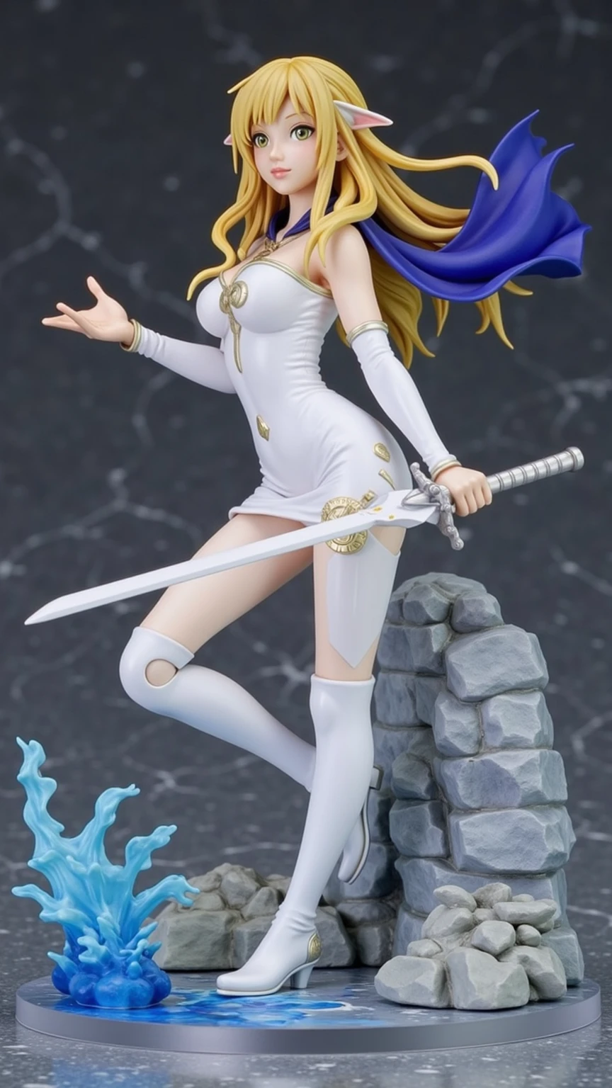 a woman in a white dress holding a sword, she is holding a sword, twintails white_gloves, number 3 tattoo on her side boob, white crop top, blue eye, yellow hair, short hair, white mask