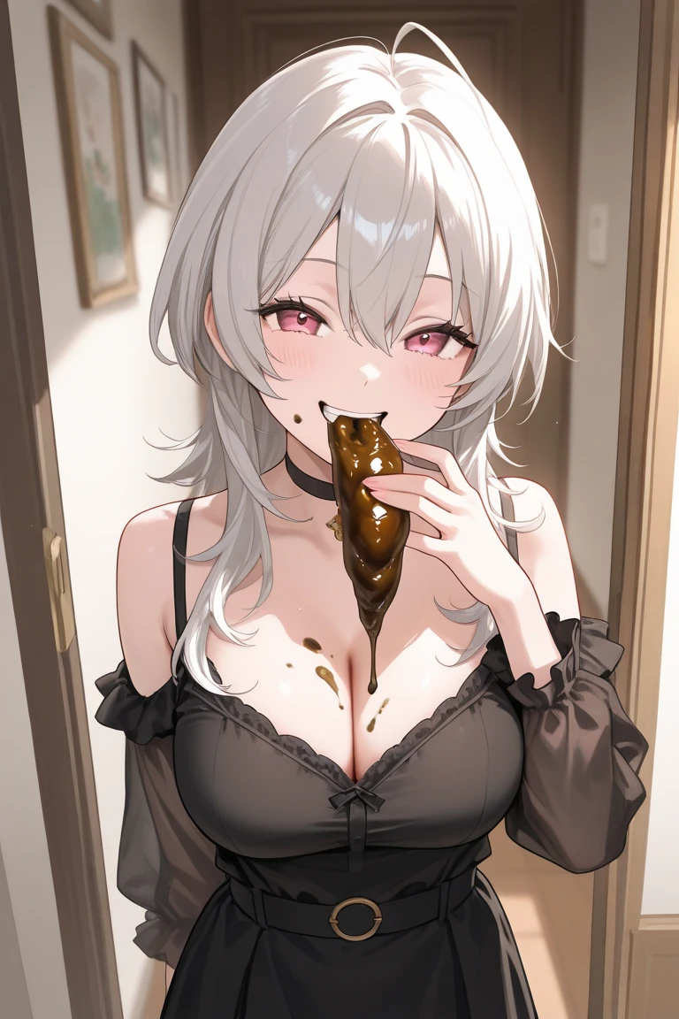 masterpiece, best quality, 1girl, long hair, white hair, yellow eyes, animal ears, medium breasts, popsicle suck,  <lora:popsicle:0.8>, cupping hands,  <lora:cupping hands:0.75>