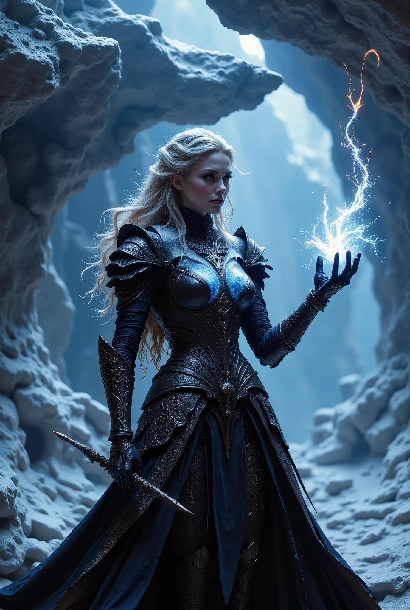 ((RAW Photo), absurd, (absurdresolution)), masterpiece, best quality, (Extremely detailed 8k unity CG wallpaper), (best illustration), (best shadow), Realistic lighting, beautiful detailed glow, ((FULL BODY)), (((Photographic Perspective)), Polar Queen, ice cavern background.
