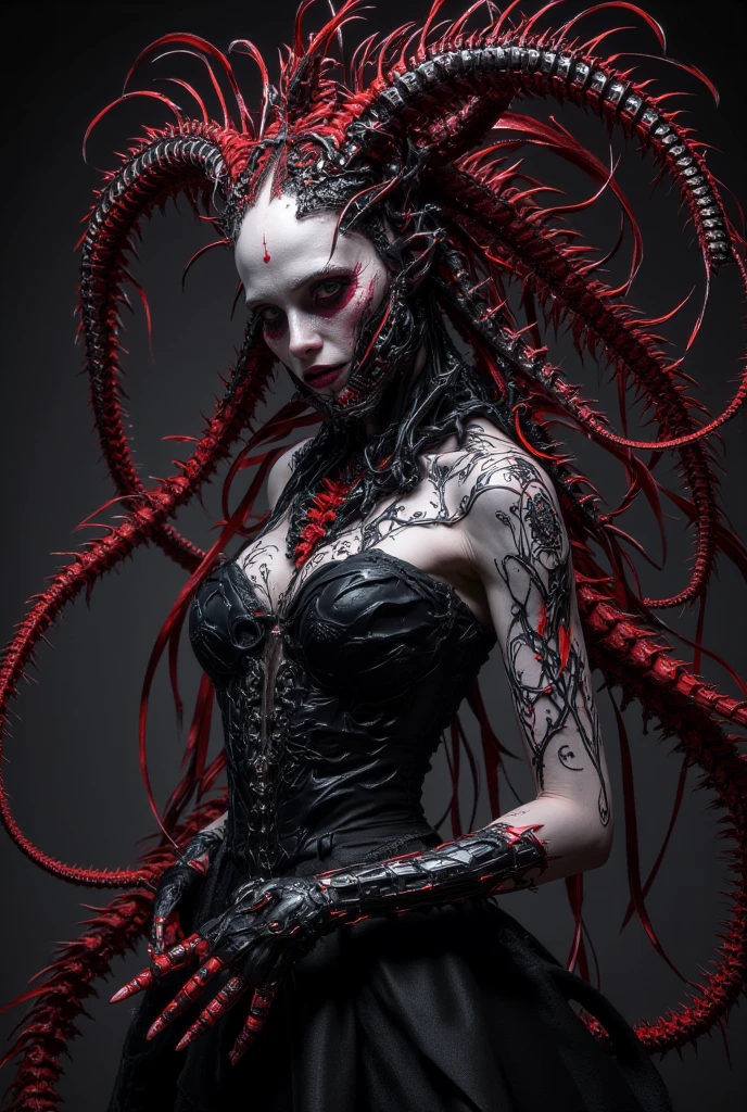 Hyperrealistic, digital art ((full body shot)), ((beautiful curvy demonic cyborg woman), (slcn breasts)), ((sexy clothes)), (white skin, red hair, devilish grin, devil eyes, boots), (((nose ring), (lip ring))), (red organic rot DonMD3m0nXL)), ((standing in a detailed art studio up to no good wicked fun, rainbow splatter, fantastical whimsical horror)), ZIP2D, ziprealism, SK_DIGITALART