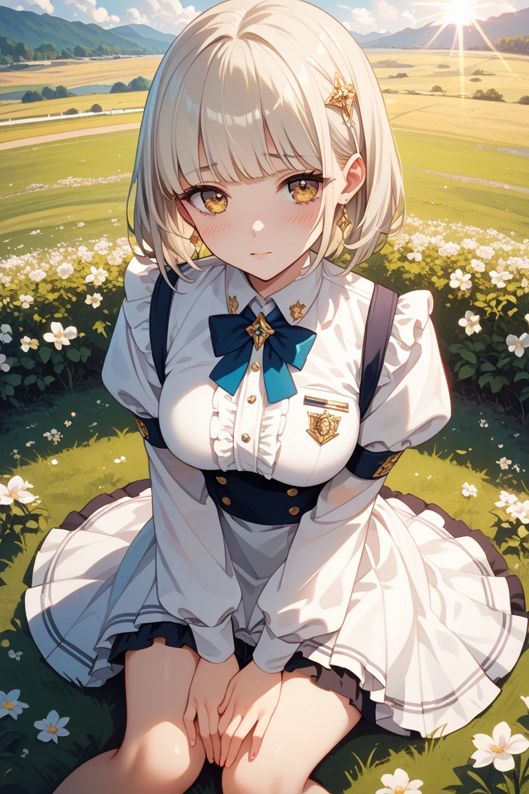 ((masterpiece)),(((best quality))), ((ultra-detailed)), ((illustration)), masterpiece, best quality, highres, {beautiful detailed eyes}, finely detail, 4k wallpaper, insanely detailed frills, extremely detailed lace, BLUE SKY, There are many scattered luminous petals, colorful flowers,
1girl, solo, (short blonde hair:1.2), (red eyes:1.0), gigantic breasts, (wearing white serafuku and white skirt:1.0), (hair ornament:1.1), (wariza on flower field:1.2), black thighhighs, (full body:1.2)
