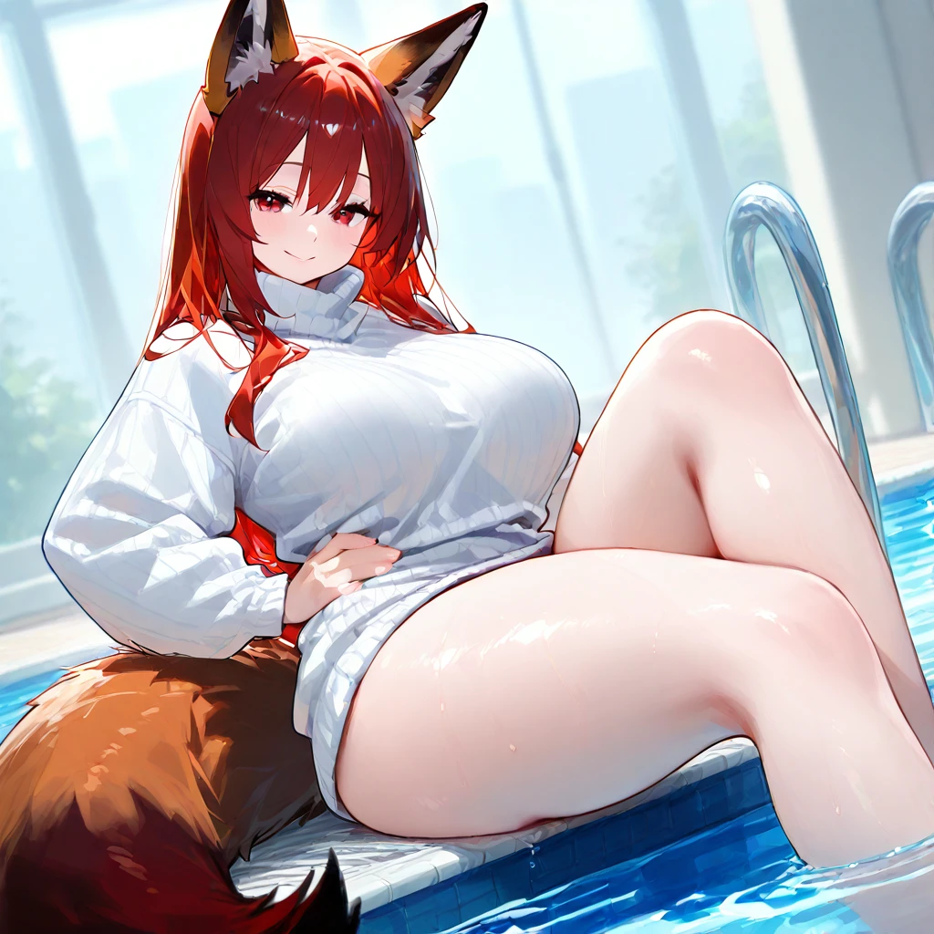 best quality,best resolution,fox girl,red long hair,wavy hair,messy hairl.orange fur,medium breasts,pubic fur,neck fur,white shirt,open shirt,off shoulder,cow print bikini,cow prin stocking,thick body,lie in water,sum beam,looking at viewer,open mouth,squint eyes,sex suggestive face,heart eyes,grin,full face blush,round collar,very hot,strech leg,reaching hands to viewer,high angle,upper body only