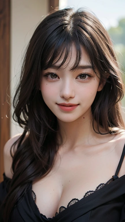 With the alleys of Kyoto in the background、18 year old girl、independent、facing forward、Light eye makeup、brown hair color、Flat 、hair blowing in the wind、quality of actress、shiny, super realistic face、smileの表情、Moist eyes、look up、calming lighting effect、 ultra-realistic capture、very detailed、High resolution 16K close-up of human skin。Skin texture must be natural、Must be detailed enough to see pores、skin is healthy、Must be even tone、Use natural light and color、High quality photos taken by a modeling agency'Exclusive photographer、smile