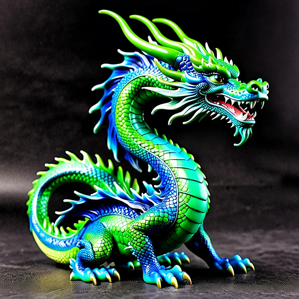 Mechanical Oriental Dragon，lifelike，Anthropomorphic Dragon，Character setting，Ultra-detailed graphics，Delicate face，8K，magazine cover，Floral background decoration，Strong color contrast，Darker color，Blue, green and white