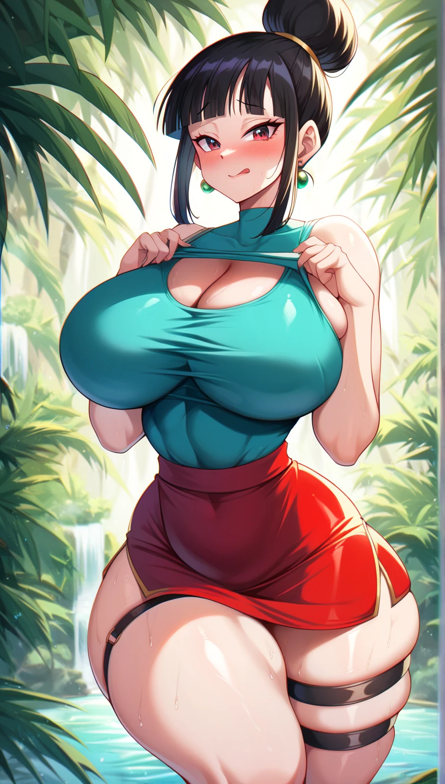 extreme quality, cg, (detailed eyes,and face), (bright colors), (anime), 1woman, (Milf:1.2), impact, (Voluptuous:1.4), goddess, time stop, fantasy, Chichi, (gigantic breasts:1.8),, beautiful jewels, clouds, black hair, (deep cleavage), masterpiece, top tier, extravagant, 8k, unity wallpaper, unreal engine 5, ray tracing, 8k, cinematic, varied depth of field, octane render, elegant, tone mapping, hyper focus, parted lips, (arms behind back:1.2), dappled sunlight, (spring), nature, white sun dress, upper body photo, (morning glow), Curvaceous,(mint green eyes), horizon, picturesque scenery, deep cleavage, trees, looking at viewer, (forest),