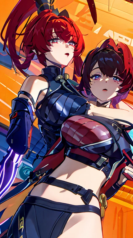 ((masterpiece、best qualified))、1girl in、独奏、ChunLi、fullbody image、Black latex leotard、Muscular legs、eyes glowing red、Evil look、Exposed shoulders、Wearing tights on the legs、Black boots、Chastity belt with heart design、Mechanical background、Machine Bound、headphones