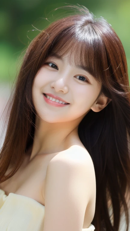 masterpiece, Highest quality, Realistic, Very detailed, finely, High resolution, 8k wallpaper, Professional, High level of detail, ((One 20-year-old girl:1.2)), Slender Japanese women,Pretty lips, Collarbone Detail、Perfect Face, (Cute Long Hair:1.5), Chestnut Hair、Cute face、(Brown Skin:1.5)、(Nude shot:1.2)、(Cute Smile:1.5)、Balanced Professional Portion、