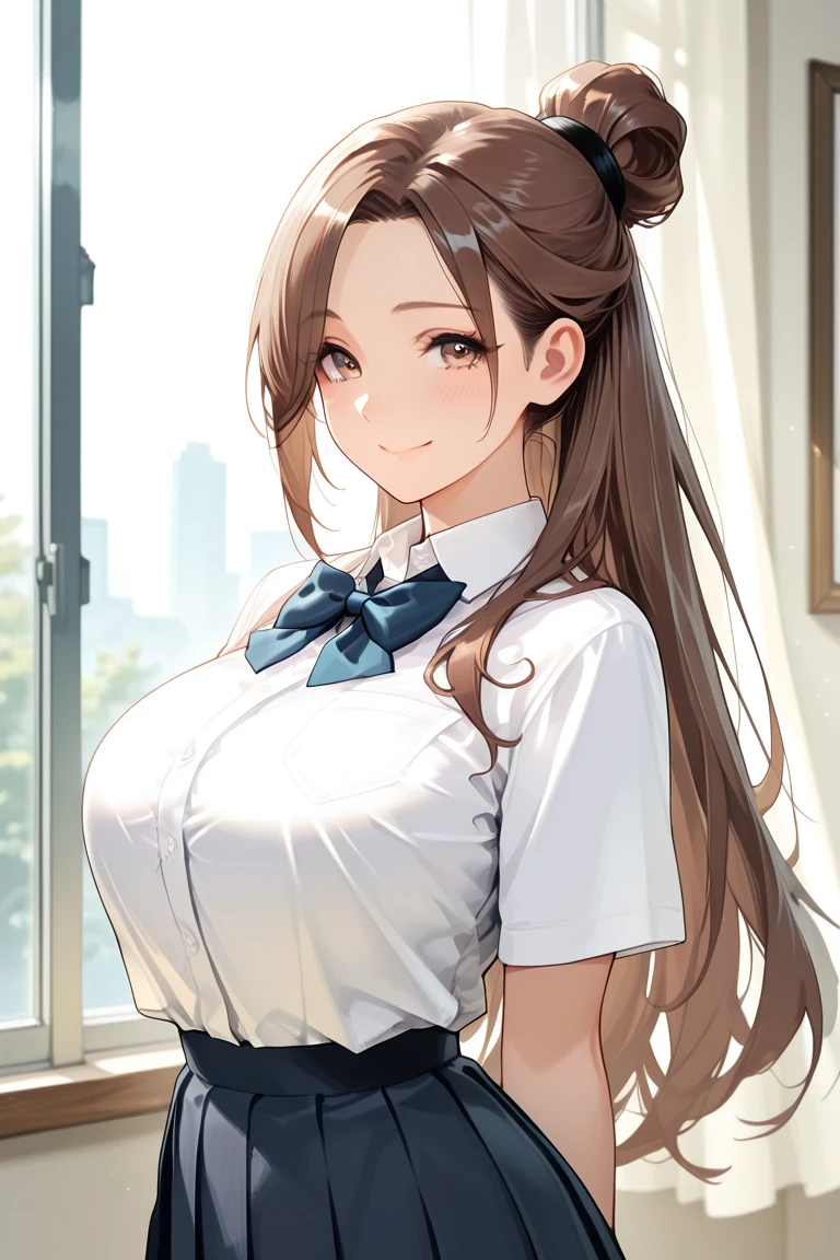 highest quality、high school girl、(Drooping eyes)、light brown hair、High voluminous ponytail、grated bangs、clothed big breasts、((wide shoulders))、short sleeve white shirt、High School Summer Uniforms、((pink nails))、tall、gracefulness、smile、glossy lips、earrings、skirt、School