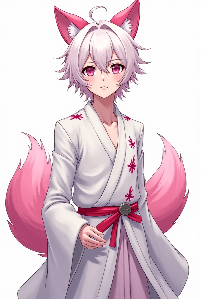 masterpiece, best quality, 1boy, pink hair, ears wolf, tail, ((red eyes)), ((perfect hands)), ((pink fur))