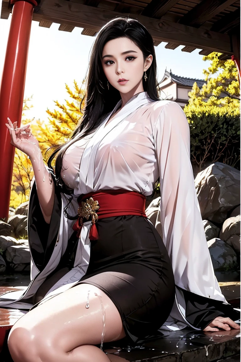 pale skin, green eyes, 1woman, japanese woman, tall, kimono japanese clothes, big cleavage breasts, very long straight black hair, hime cut, bangs, tsurime, seductive smile, Realism, depth of field, UHD, masterpiece, accurate, anatomically correct, textured skin, high quality, high details, super detail, best quality, highres, 16k, standing, full body,